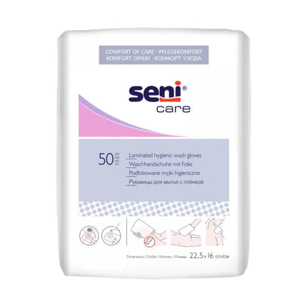 Seni Care Waschhandschuhe mit Folie | Packung (50 Stück)