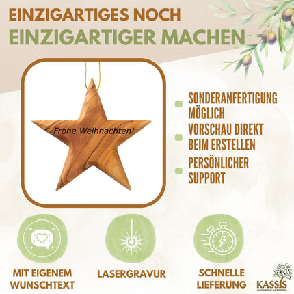Personalisierter Stern Anhänger aus Olivenholz mit Gravur 8 cm | Baumschmuck & Weihnachtsdeko