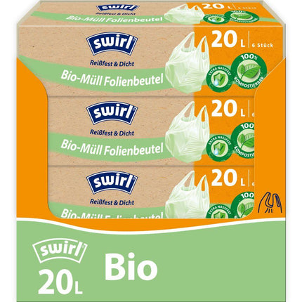 Swirl Bio-Müll Folienbeutel mit Tragegriff 20 l Reißfest & Dicht quer | Rolle (6 Beutel)