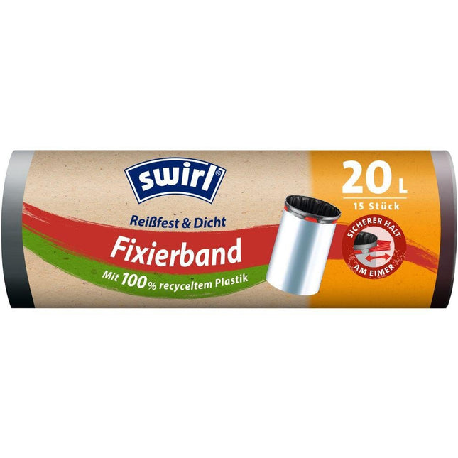 Swirl Fixierband-Müllbeutel 20 l Reißfest & Dicht | Rolle (15 Beutel)