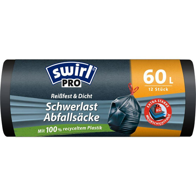 Swirl Schwerlast-Säcke Profi mit Zugband 60 l Reißfest & Dicht | Rolle (12 Beutel)