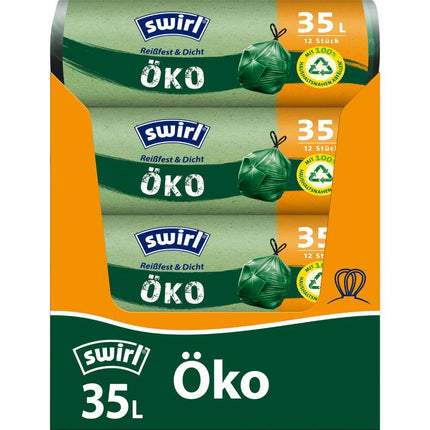 Swirl Öko-Müllbeutel mit Zugband 35 l Reißfest & Dicht | Rolle (12 Beutel)