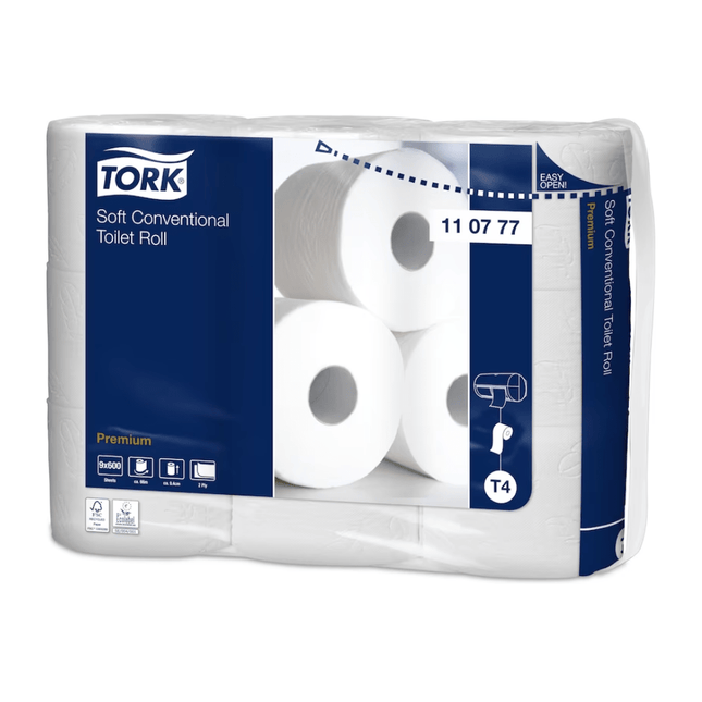Tork 110777 weiches Kleinrollen Toilettenpapier Premium T4 2-lagig | Karton (54 Rollen)