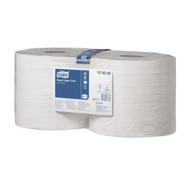 Tork 129262 Standard-Papierwischtücher Universal W1 W2 2-lagig 23,5 cm breit | Karton (2 Rollen)