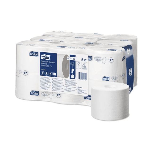 Tork 472139 Optiserve extra weiches hülsenloses Midi Toilettenpapier Premium T7 3-lagig | Karton (18 Rollen)
