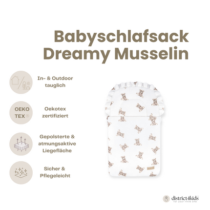Babyschlafsack Dreamy Musselin Teddybär  – süßer Ganzjahresschlafsack