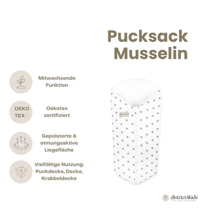 Pucksack Musselin Herzen braun mitwachsend – Ganzjahres Babyschlafsack