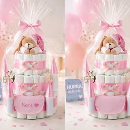 Personalisierbare Windeltorte Schloss Rosa mit Musikspieluhr
