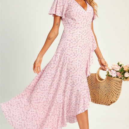 Summer Floral Print Hem Wrap Midi Dress In Pink