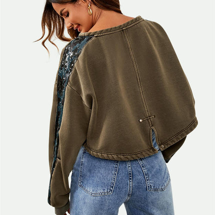 Oversized Sequin Detail Cropped Sweatshirt In Khaki