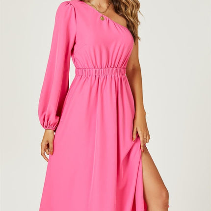 One Shoulder Split Leg Midi Dress In Fuchsia Print