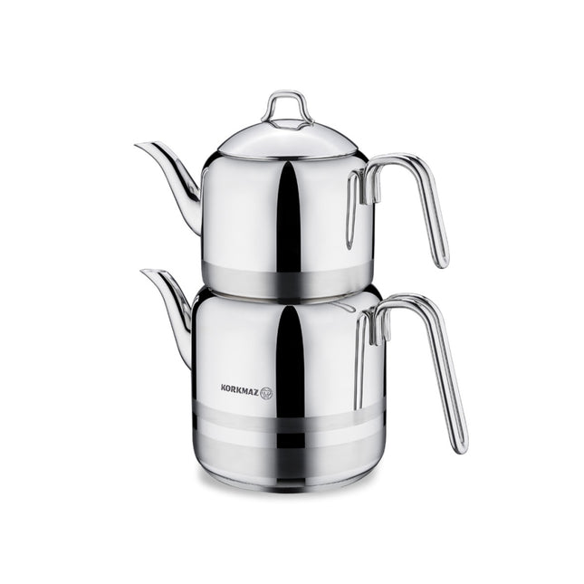 Korkmaz Mega Teekannen-Set Edelstahl – Türkische Teekanne Çaydanlık 1,3 / 3,0 l, induktionsgeeignet