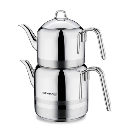Korkmaz Mega Teekannen-Set Edelstahl – Türkische Teekanne Çaydanlık 1,3 / 3,0 l, induktionsgeeignet