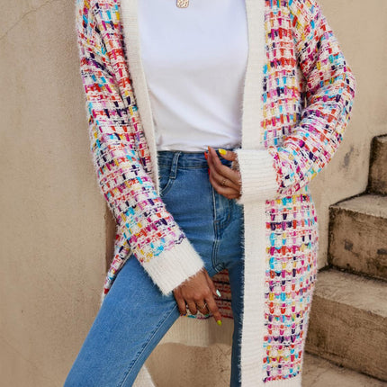 Cream Boucle Check Cardigan In Rainbow Multicolour Speckles