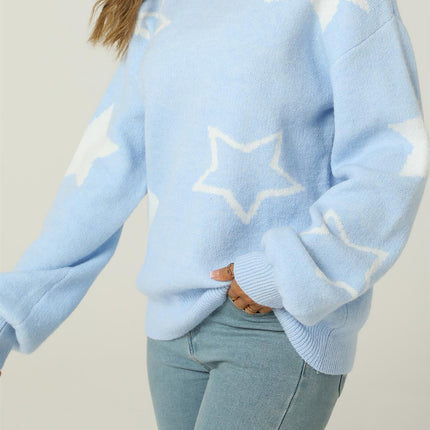 Relaxed Soft Comfy White Star Pattern Jumper Top In Blue