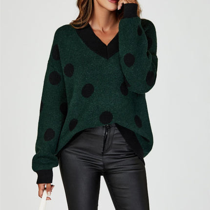 Wool Blended V Neck Jumper In Green & Black Polka Dot