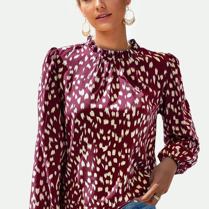 Animal Print Frill Detail High Neck Top In Wine