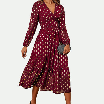 Lace Trim Foil Long Sleeve Maxi Dress In Wine
