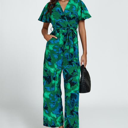 Abstract Print Wrap Top Jumpsuit In Green