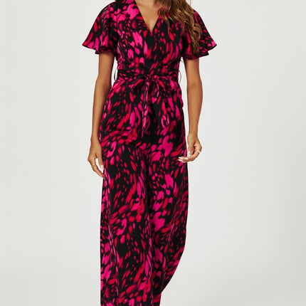 Pink Abstract Print Wrap Top Jumpsuit In Black