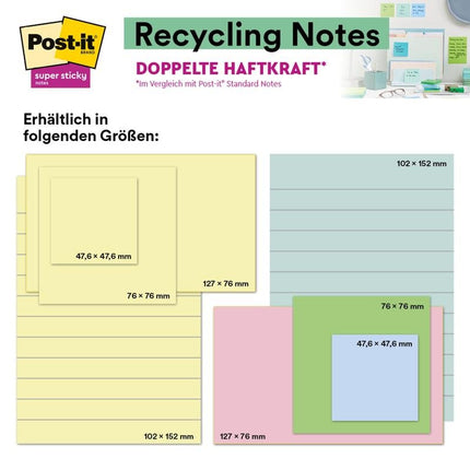Post-it® Super Sticky 100 % Recycling Notes, Verschiedene Farben, Liniert, 102 mm x 152 mm, 45 Blatt/Block, 4 Blöcke/Packung, 100% PEFC, SGSCH-PEFC-COC-110078 | Packung (1 Stück)