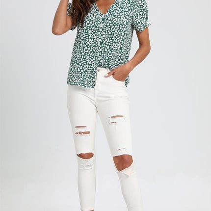 Short Sleeve Buttoned Blouse Top In Green & White Flora  Print