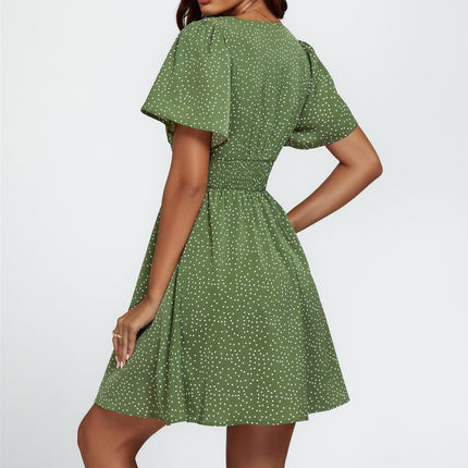 Dot Print Short Sleeve Mini Dress In Green