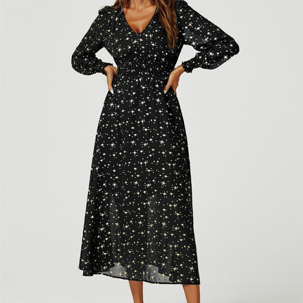 Gold Star Foil Long Sleeve Maxi Dress In Black