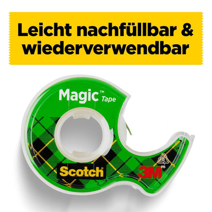 Scotch® Magic™ Unsichtbares Klebeband, 19 mm x 25 mm, 1 Rolle auf Handabroller/Packung + 5 m GRATIS