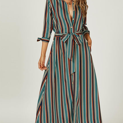 Stripe Print Maxi Shirt Dress In Navy