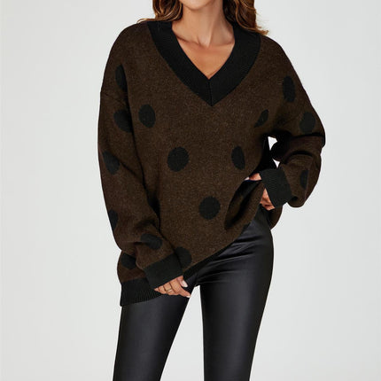 Wool Blended V Neck Jumper In Brown& Black Polka Dot
