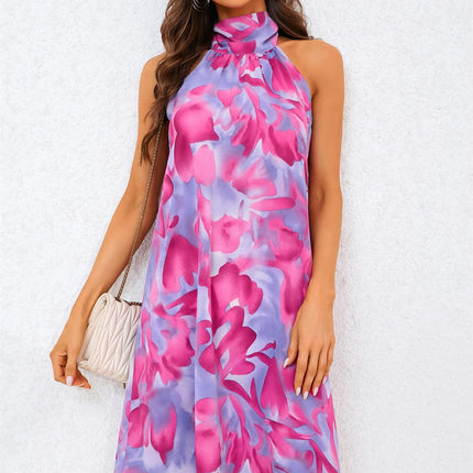 Abstract Floral Print Halter Neck Tie Back Mini Dress In Pink