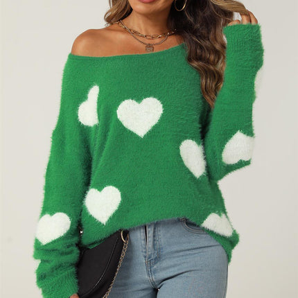 Relaxed Comfy White Heart Pattern Jumper Top In Green