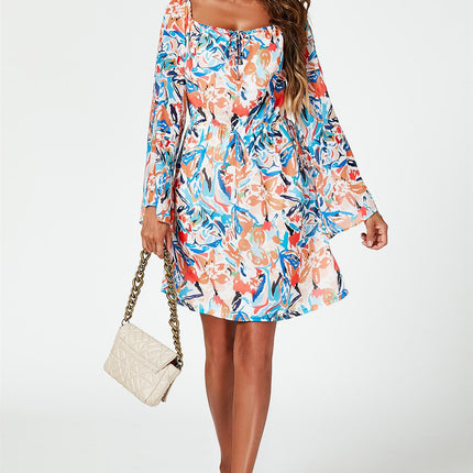 Flute Sleeve Bardot Dress With Tie Detail In Orange