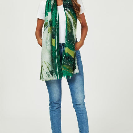Gold Foil Abstract Brush Print Fringed edges Scarf In Green