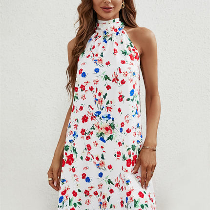 Floral Print Halter Neck Tie Back Mini Dress In White