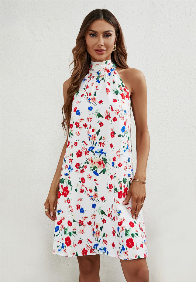 Floral Print Halter Neck Tie Back Mini Dress In White