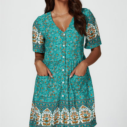 Print Boho Mini Dress In Green