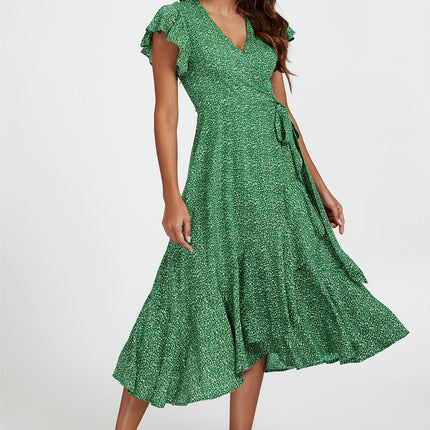 Little Floral Frill Sleeve Midi Wrap Dress In Green