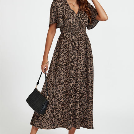 Leopard Print V Neck Midi Dress In Brown