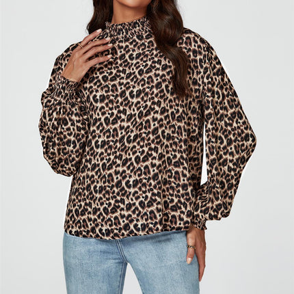 Leopard Print Long Sleeve High Neck Blouse In Brown