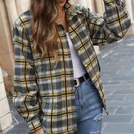 Yellow Brushed Check Oversized Pocket Detail Shacket Shirt Jacket In Grey