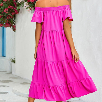 Off Shoulder Bardot Frill Midi Dress In Fuchsia Pink