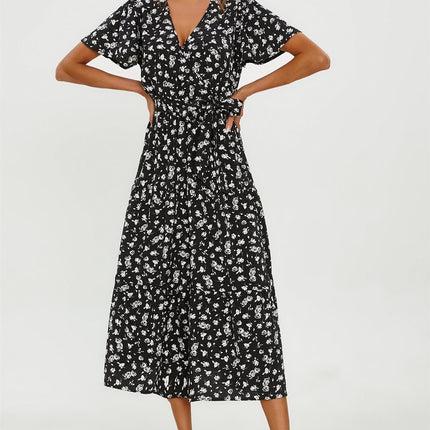 White Floral Print Hem Tiered Wrap Midi Dress In Black
