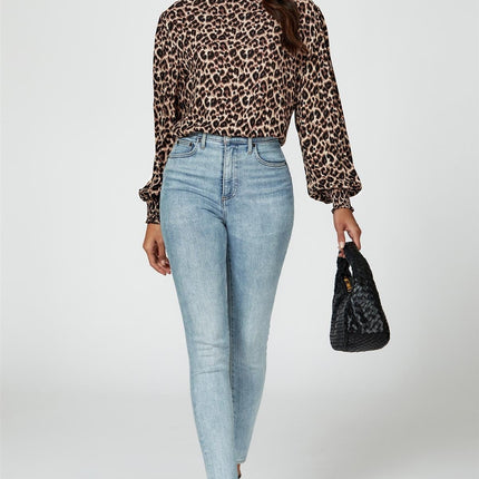 Leopard Print Long Sleeve High Neck Blouse In Brown