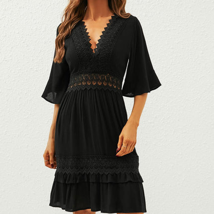 V Neck Lace Mini Dress In Black