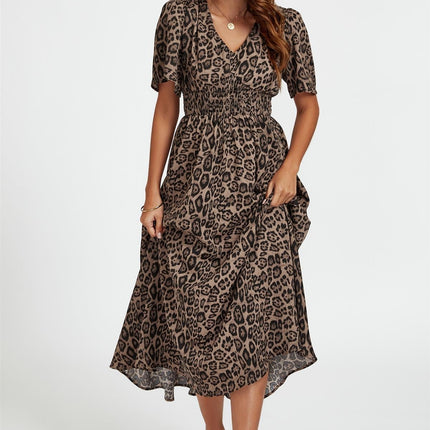 Leopard Print V Neck Midi Dress In Brown