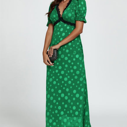 Polka Dot Jacquard Lace Trim Midi Dress In Green