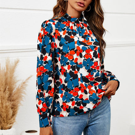 Floral Print Long Sleeve High Neck Top In Blue