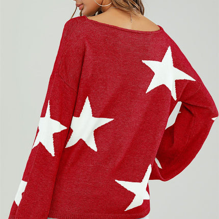 Wide Sleeve Oversize Red Jumper With White Star